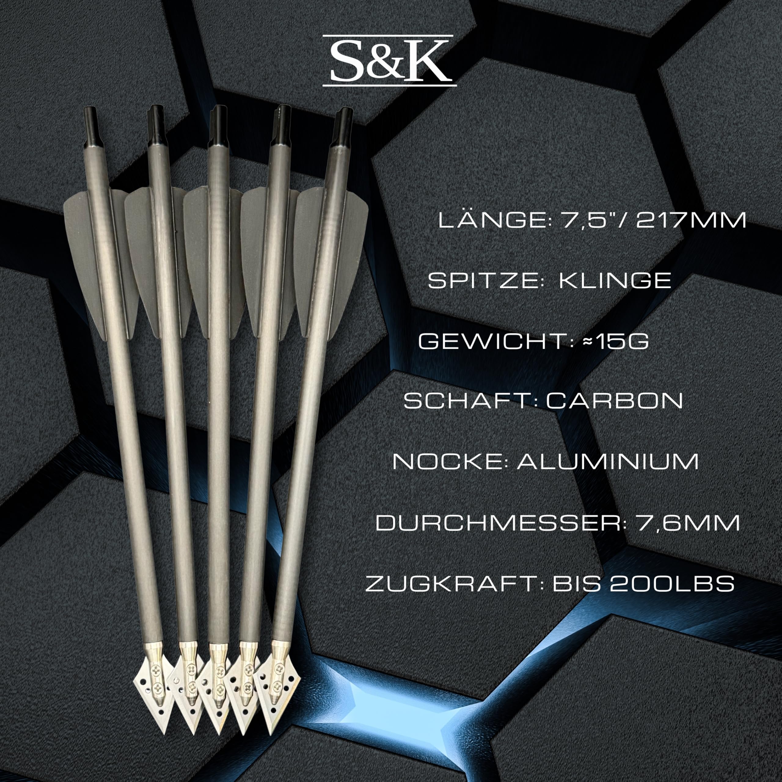 S&K - 5X Carbon Jagdpfeile, Alunocken, 7,5" für Cobra Adder, R9, RX, R10 – Made in Germany – Hochpräzise Armbrustbolzen mit Edelstahl-Jagdklinge & Aluminium-Nocke – 15g