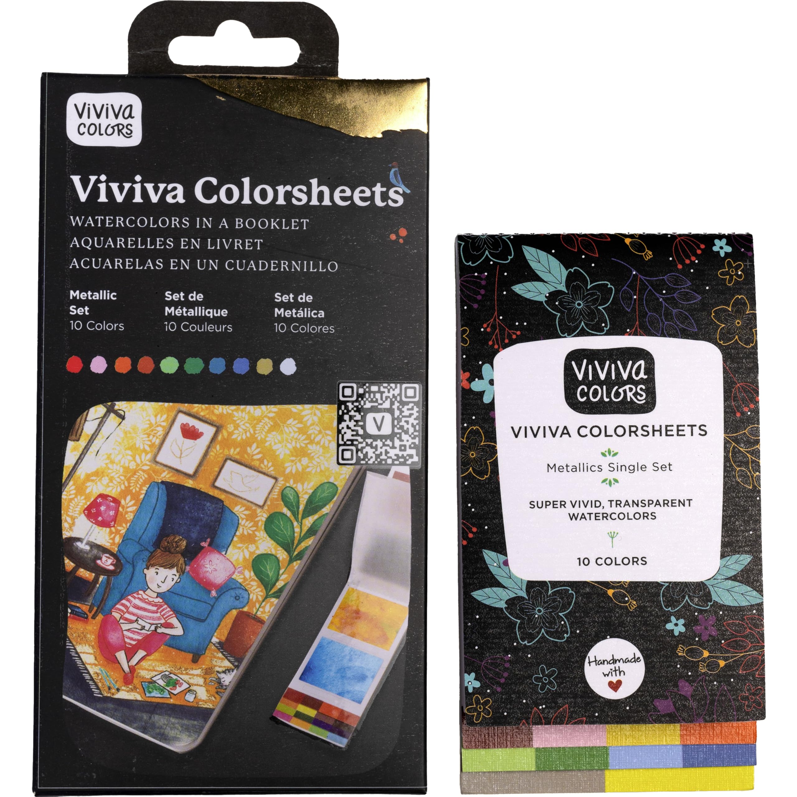 Viviva Coloursheets, Metallic Single Set, 10 Vibrant Watercolours, for Outdoor and Travel, VV276004