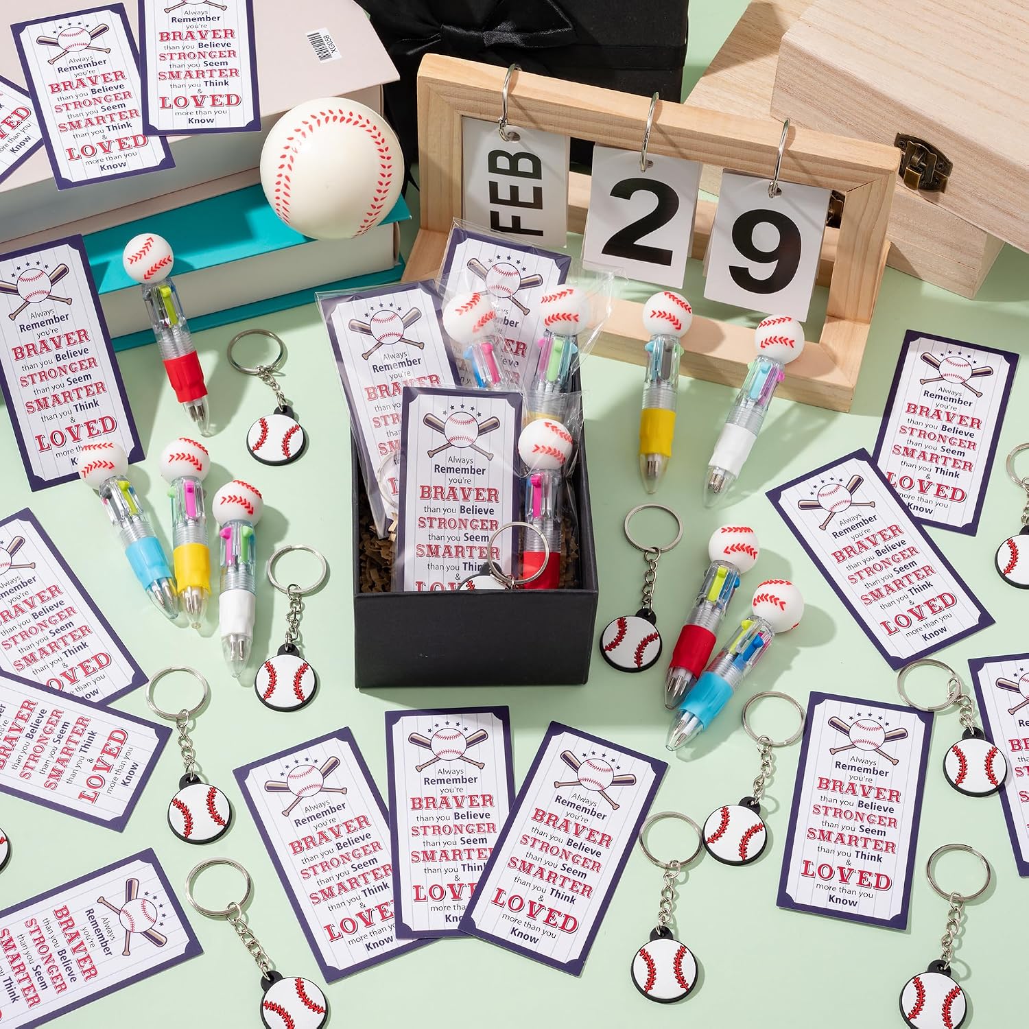 K1tpde 24 Pack Baseball 4-in-1 Ballpoint Pen with Positive Card and Baseball Keychain Exchange Gift for Classroom Prizes Goodies Bags Stuffers Party Favors Sport Team Gift for Kid Baseballs Lovers