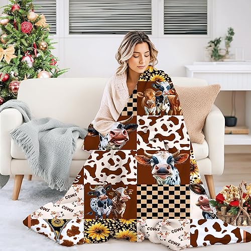 Miniatura 5 de Manta de franela de vellón a cuadros con estampado de vaca, para niñas y niños, manta de regalo de girasol de otoño, manta rústica marrón de vaca de