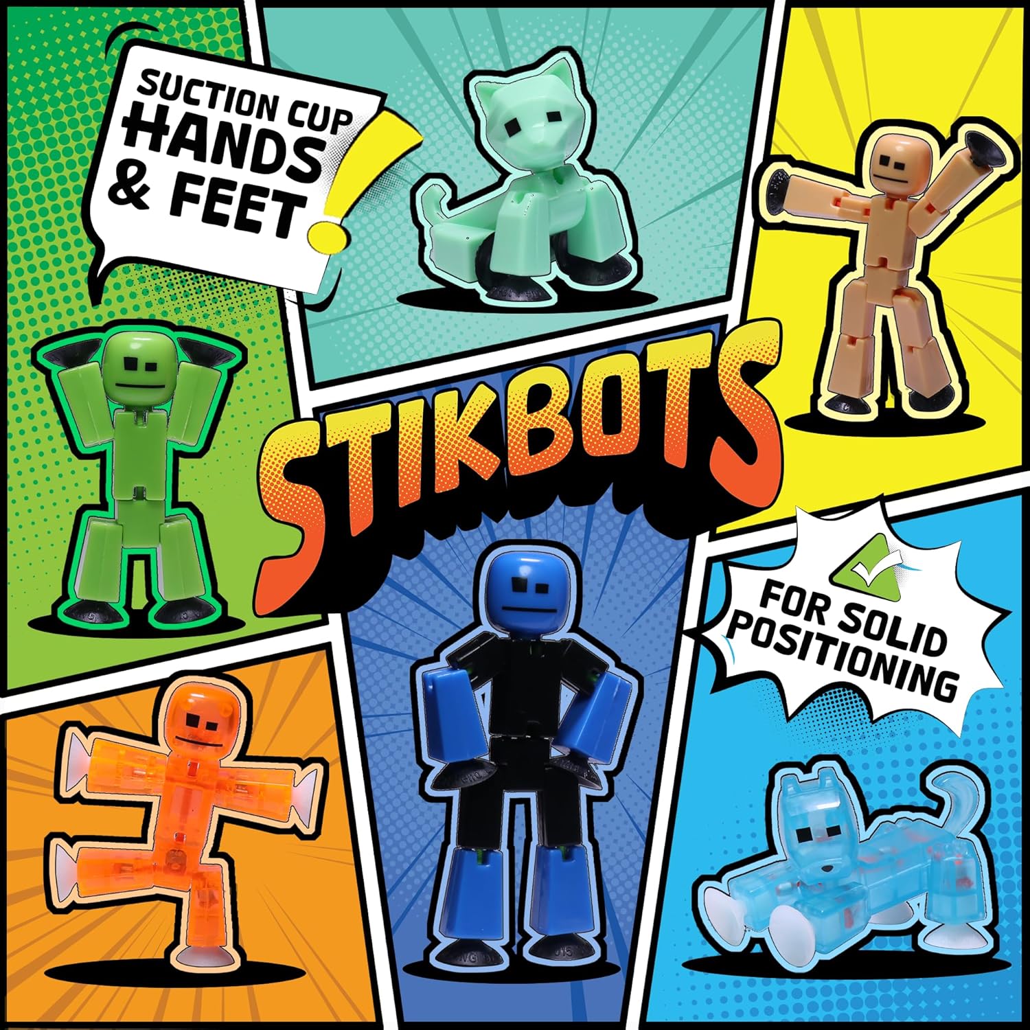 Zing Stikbot Family Pack, Set of 6 Stikbot Collectable Action Figures, Includes 2 Stikbots, 2 Junior Stikbots, 1 Dog, and 1 Cat, Stop Motion Animation - in Eco-Friendly Packaging, Age 4+