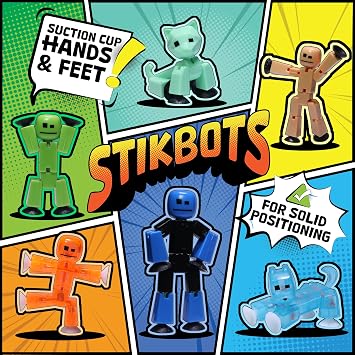 Zing Stikbot Family Pack Stickbot Collectible Action Figures Set of 6 - 2 Stikbots, 2 Junior Stick Bots, 1 Dog, 1 Cat, Stop Motion Animation - Eco-friendly Packaging for Ages 4+