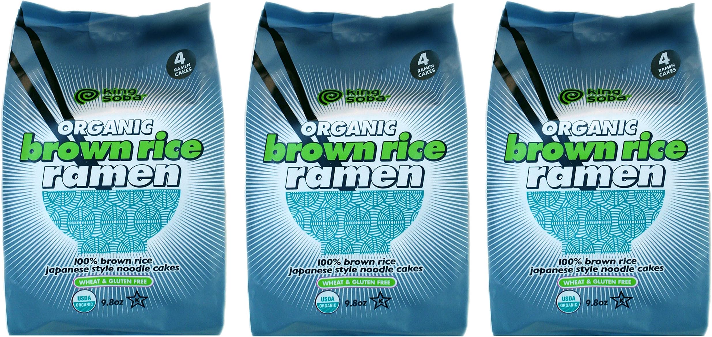 King Soba 3-PACK Gluten Free, Organic Brown Rice Ramen Noodles 9.8oz - 4 noodle cakes in each package