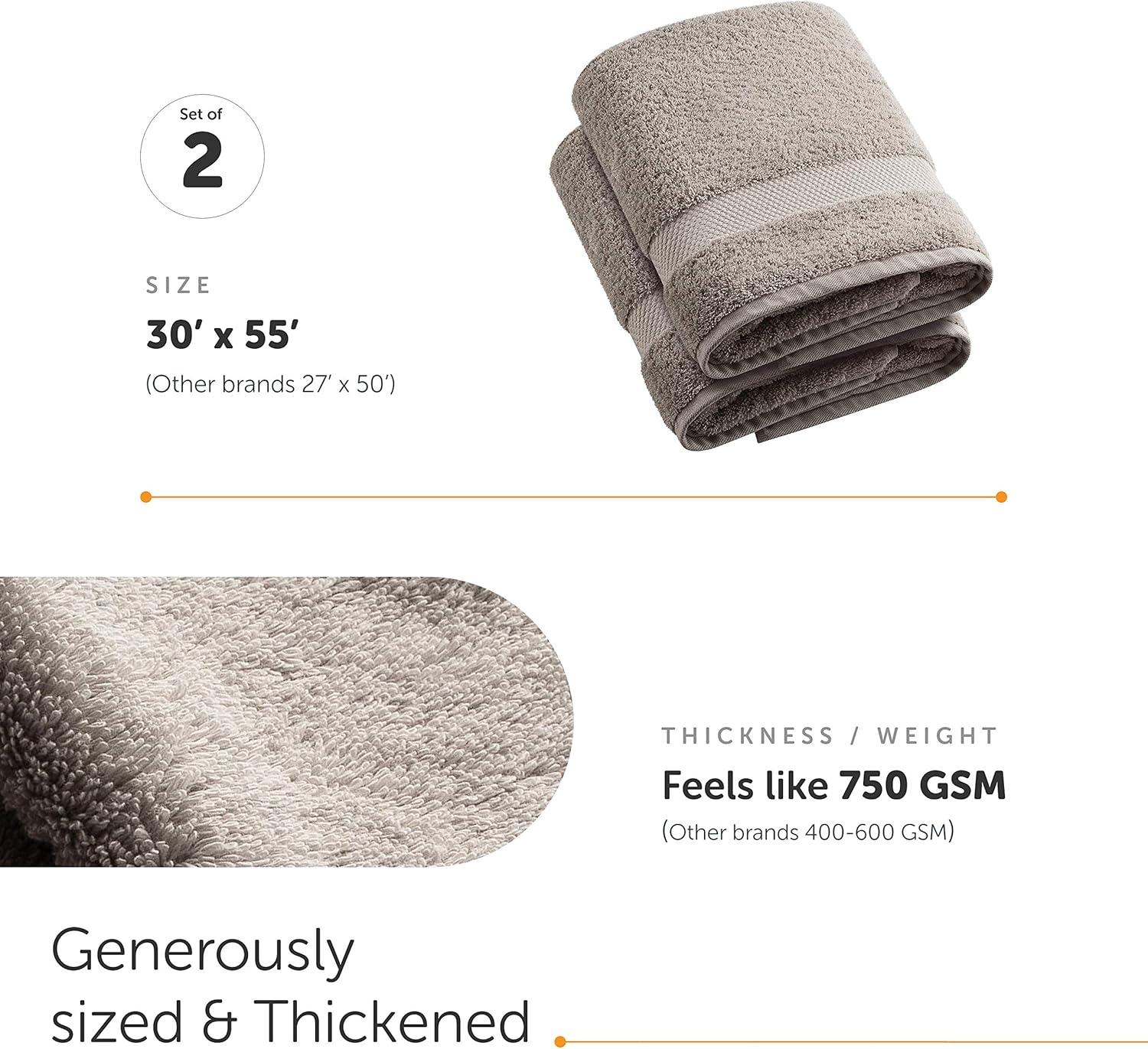 joluzzy Turkish Cotton Bath Towels Set, 30" x 55" Luxury Bathroom Towel, Premium Hotel and Spa Quality - Super Soft, Highly Absorbent (2 Pack, Silver-Gray)