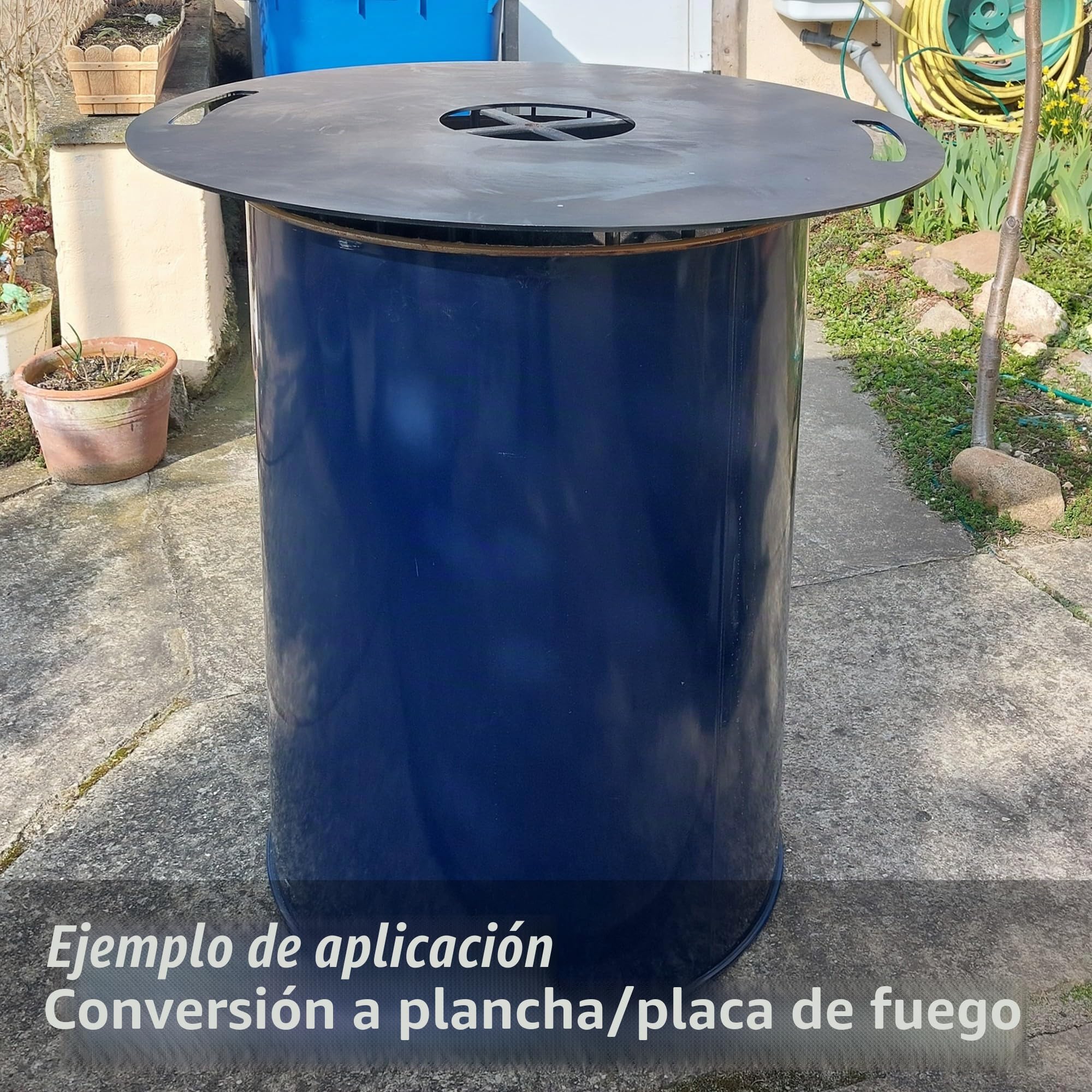 plasteo® Barril de metal de 200 litros con tapa, barril de acero, barril de aceite, barril de fuego, contenedor, barril de chapa, mesa alta, barril de combustión, barril de gueto, azul, verde