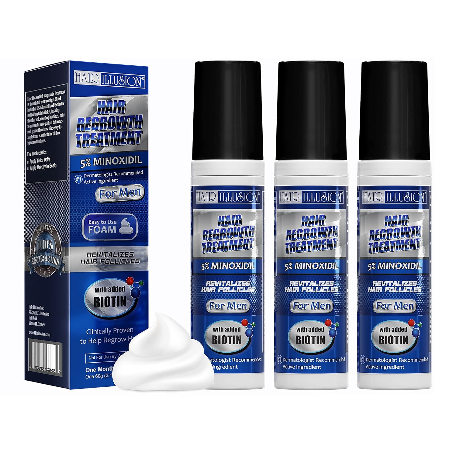 Minoxidil 5% Foam With Biotin, For Men & Women - Lab Certified 2+1 Hair Regrowth Treatment With Added Natural Hair Growth Vitamins, 3 Pack, (3 Month Supply)