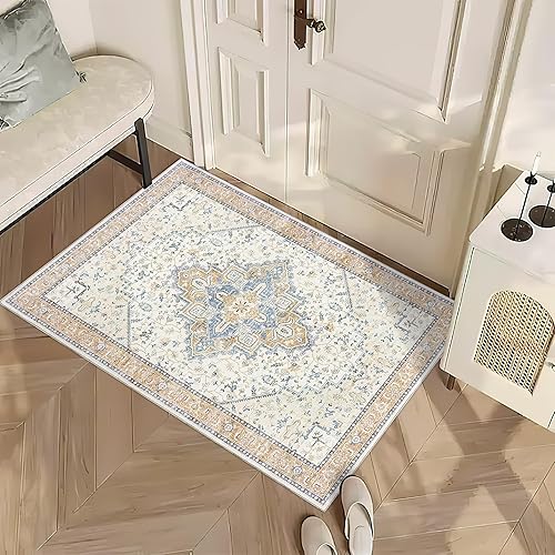 Vista 15 de Alfombra moderna de estilo bohemio para sala de estar, lavable, desgastada, con patrón de medallón de damasco, para sala de estar, hogar, oficina