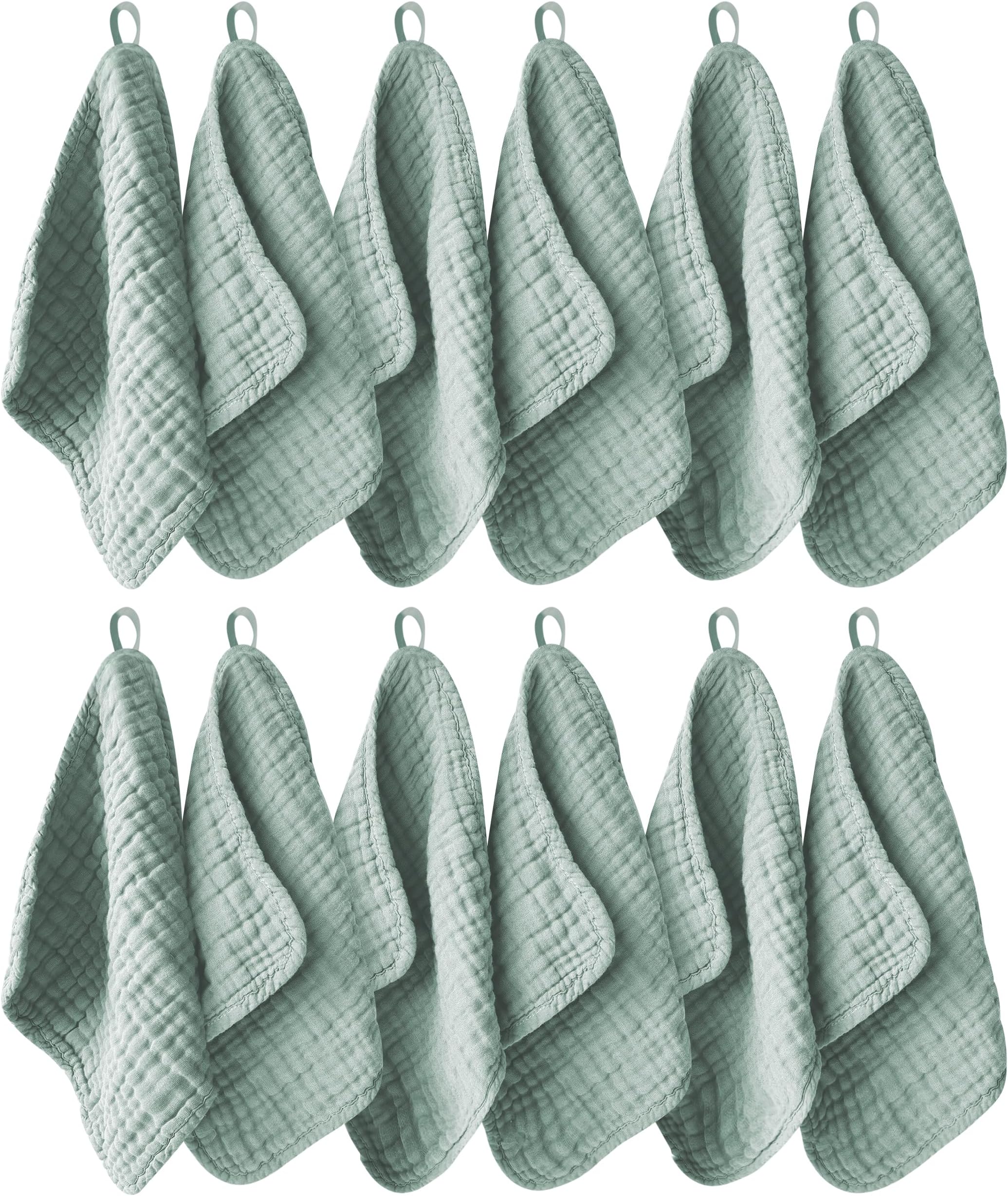 12 Pack Muslin Washcloths for Baby - 100% Cotton Baby Wash Cloths for or Baby Face Body Comfy and Soft for Newborn Infants Kids Girls and Boys - 12"x12" - Green