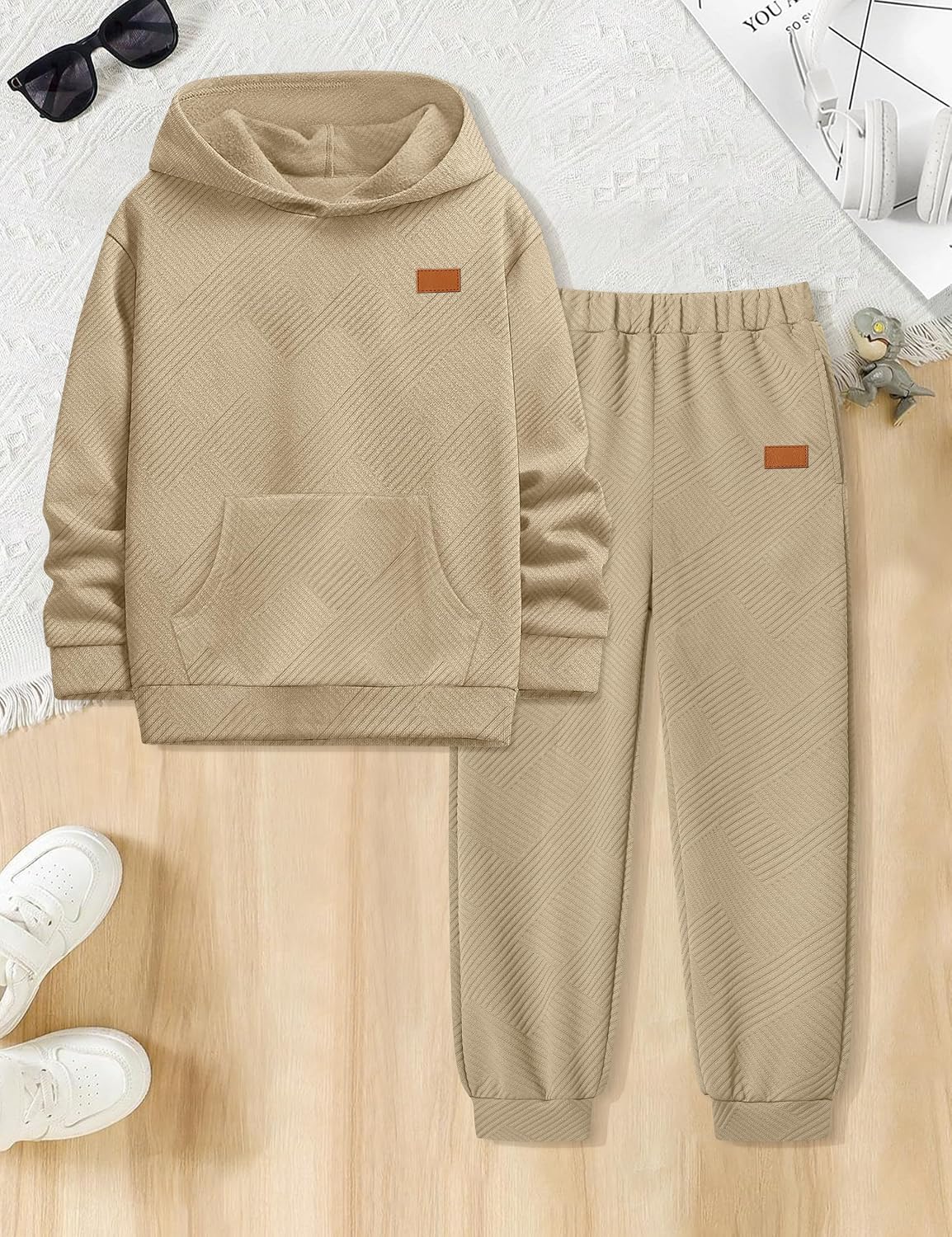 Boys Clothes Ribbed Solid Long Sleeve Hoodie Sweatshirt and Sweatpants 2Pcs Fall Winter Outfits for 6-14 Years