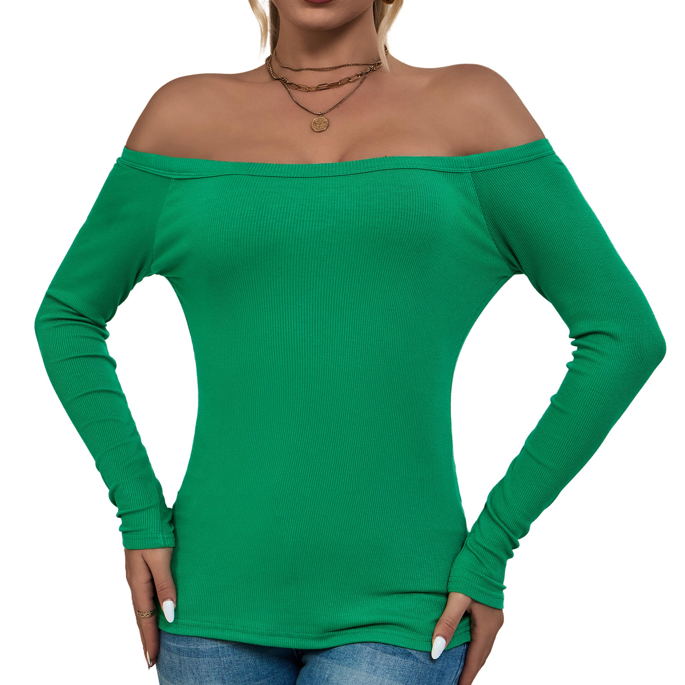 Asair Women's Green Long Sleeve Shirt Off Shoulder Tops For Ribbed Basic Trendy Stretchy Lightweight Tops, Xl
