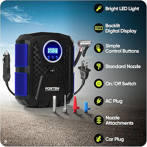 Miniatura 2 de FORTEM Tire Inflator Portable Air Compressor, Air Pump for Car Tires and Bikes, Car Tire Pump wAuto Shut Off, 150 PSI, 12V DC, LED Light, Carrying
