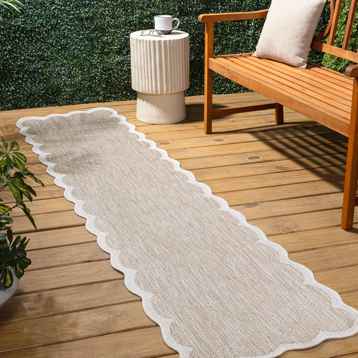 Eyely PHS103A-28 Selene Classic Cottage Two-Tone Scalloped, Outdoor, Pet Friendly, Non-Shedding, Stain Resistant, Easy-Cleaning, Beige/Cream, 2 ft. x 8 ft., Indoor/Outdoor, Runner Rug