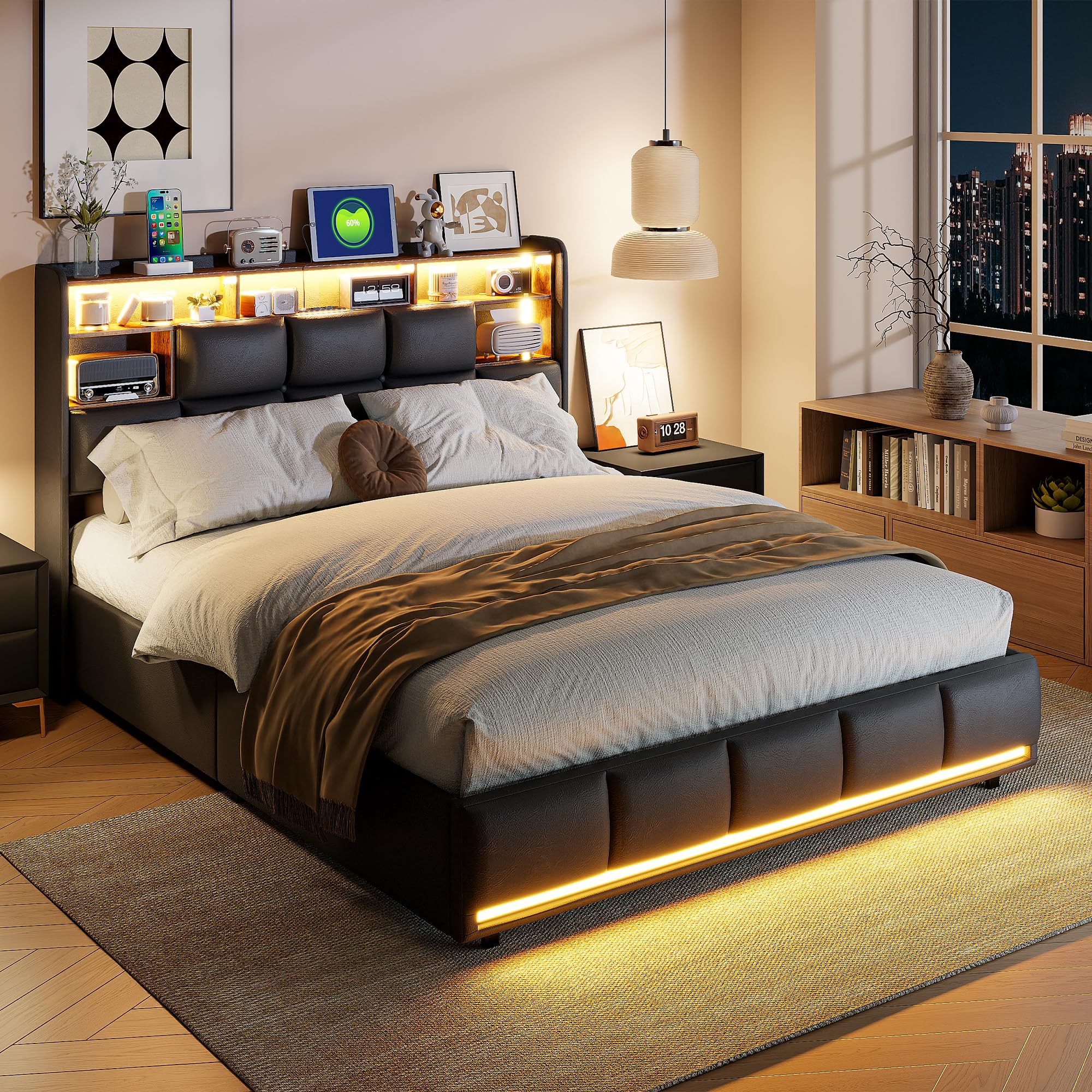 Letto matrimoniale 140 x 200 cm con LED RGB, contenitore sollevatore a gas e porte USB, struttura a doghe in legno rinforzato, testiera imbottita in poliuretano nero, non necessita di molle