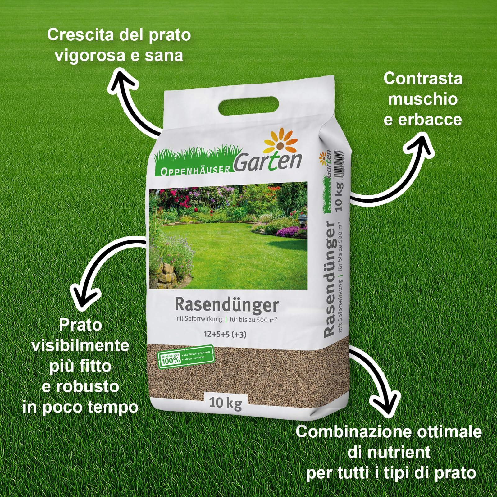 Concime per prato primavera 10 kg per superfici fino a 500 m² – Effetto immediato per un prato folto, verde e resistente, soppianta il muschio, concime a azione immediata