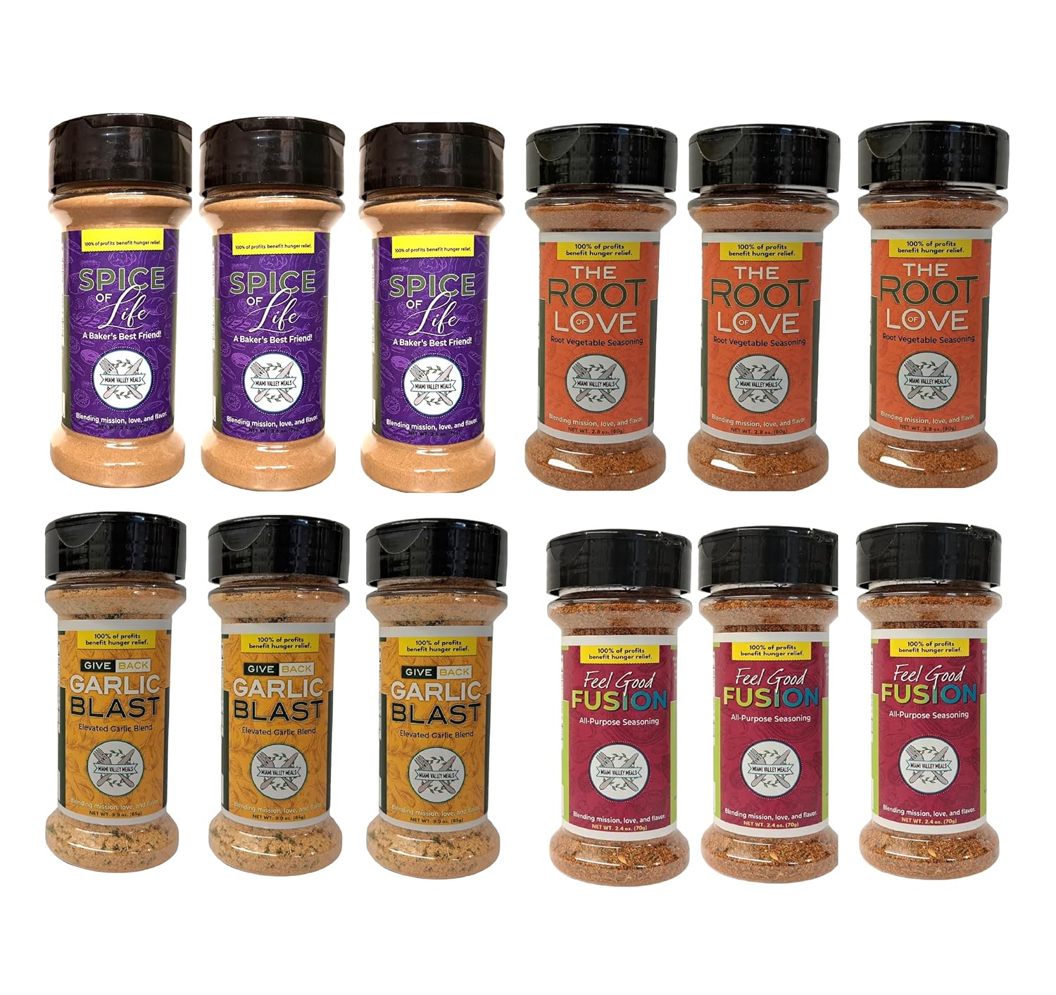 MVM Miami Valley Meals Mixed 12-Pack (3 each flavor) FUNDRAISER - Root of Love; Garlic Blast, Feel Good Fusion, Spice of Life Baker's Blend - Blending Mission, Love, and Flavor Seasoning Blends for non-profit to help support hunger