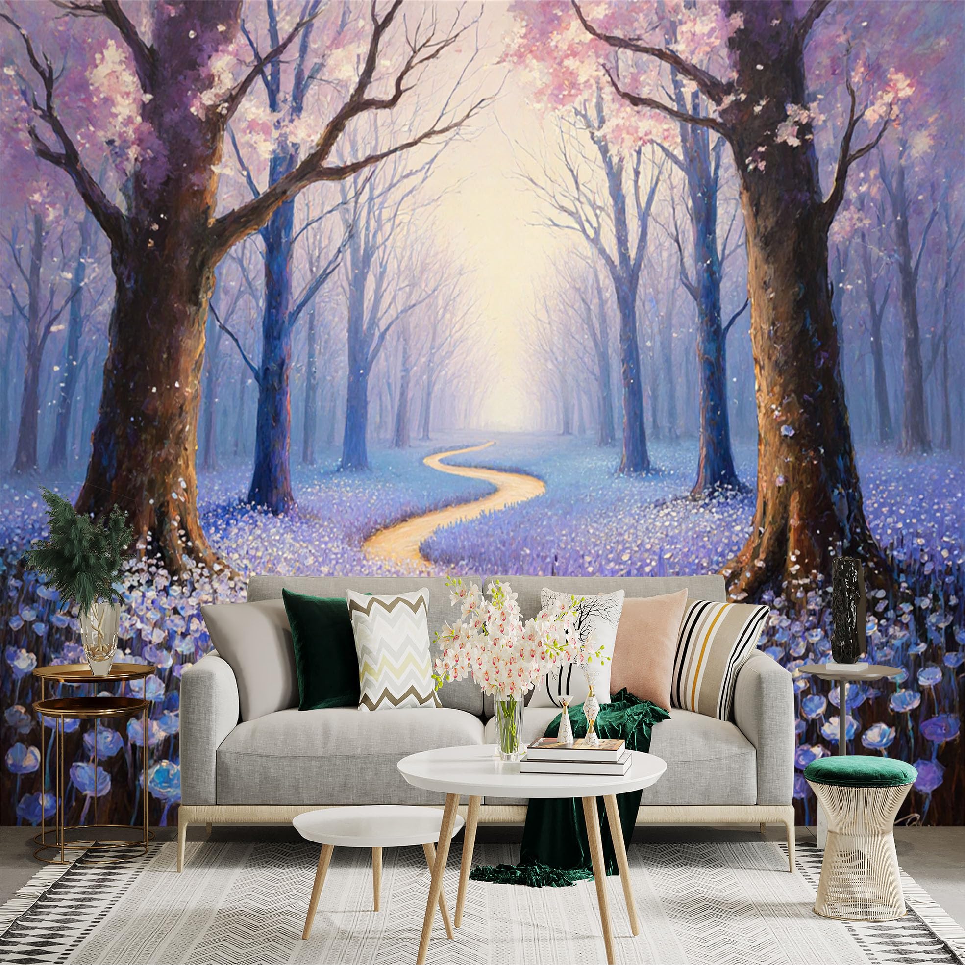 Lnzczhyre Xc260505746 Custom Size Wall Sticker Mural， Enchanted Purple Forest， Blooming Spring Wildflowers， Winding Pathway， Oil Painting Landscape， For Wall Decoration， Peelandstick Wall Decals.