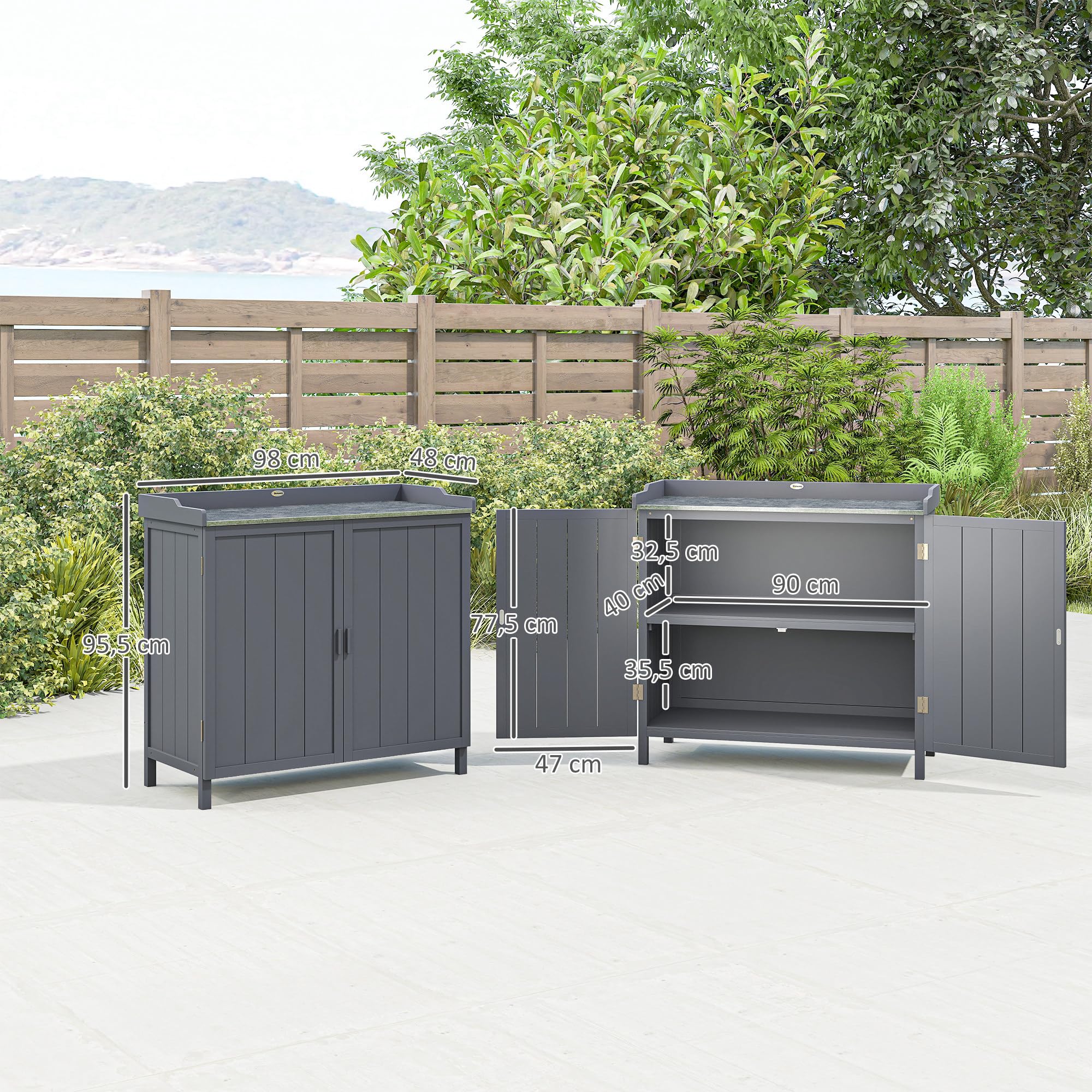 Outsunny Armoire de Rangement de Jardin sur Pied avec Double Porte Gris | Table de Rempotage 2 en 1, Étagère Intégrée, Plateau en Métal Galvanisé