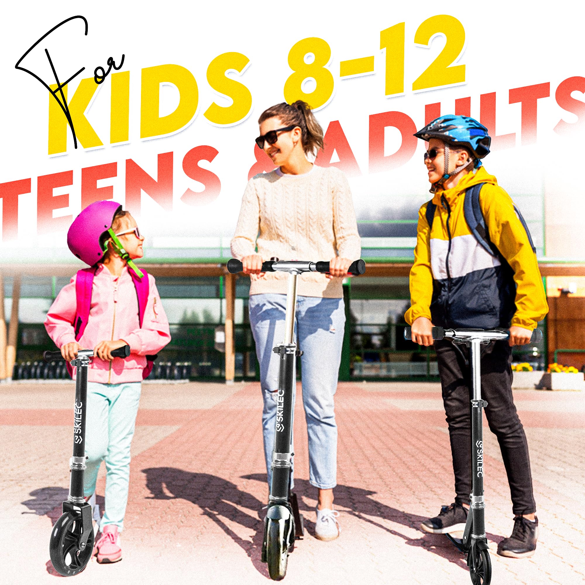 SKILEC Kick Scooter for Kids, Youth and Adults Ages 6+ - Lightweight, Foldable, Height Adjustable Toddler Scooter 200mm Big Wheels, Max Load 240lbs