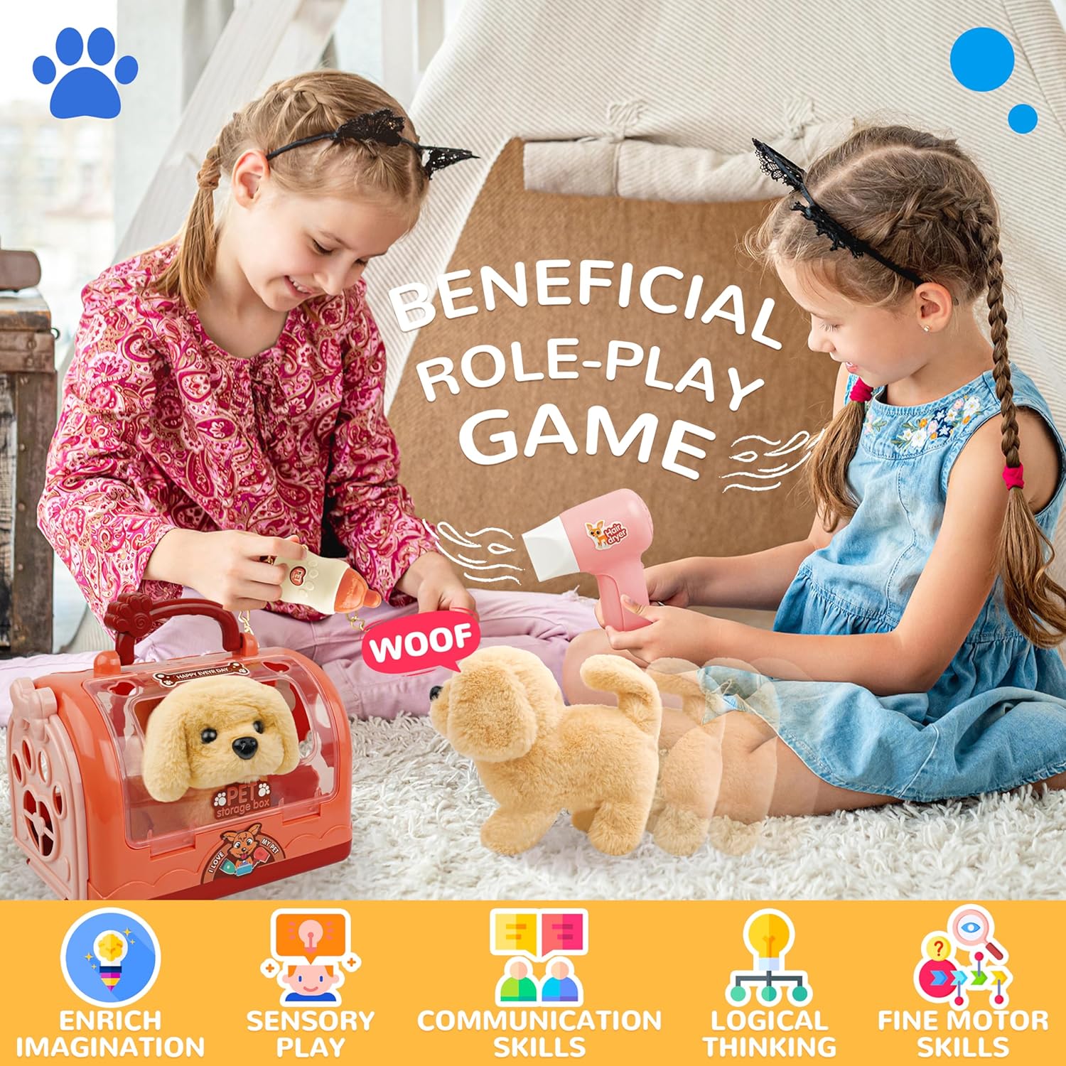 BELLOCHIDDO Dog Toys for Kids - Toddler Girls Toy Interactive Electric Walking Barking Puppy Wagging Tail, with Carrier and Pet Care Playset Accessories, Gifts for 1 2 3 4 5 6+ Year Old