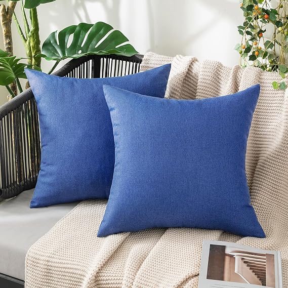 MIULEE Pack of 2 Decorative Outdoor Solid Waterproof Throw Pillow Covers Faux Linen Garden Farmhouse Cushion Cases for Summer Patio Tent Balcony Couch Sofa 18x18 Inch Navy