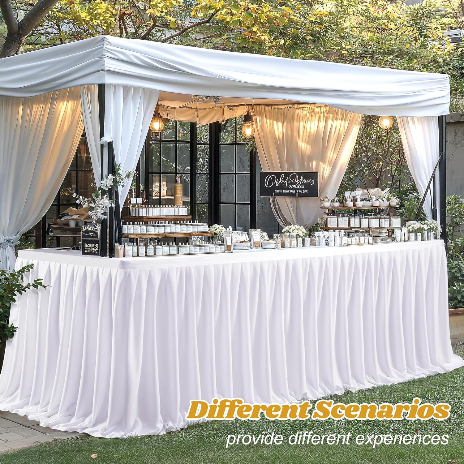 Wish Care 9ft Long White Table Skirt for Rectangle Tables Decorations - Wrinkle Resistant Polyester Pleated Table Skirting Desk Skirt for Office Baby Shower Birthday Party Wedding Banquet
