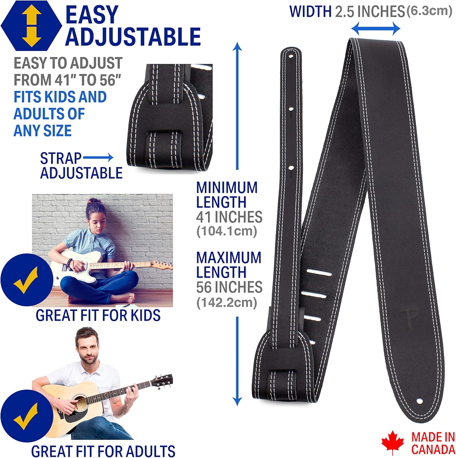 Perri’s Leathers Adjustable Guitar Straps for Kids, Men & Women - Double Stitched Guitar Strap for Acoustic, Bass and Electric Guitars - Guitar - Adjustable Size - Black : Musical Instruments