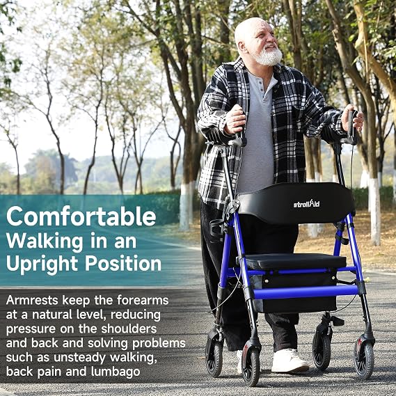Heavy Duty Upright Rollator Walker for Seniors with Seat | 450 lb Capacity, 8 All-Terrain Wheels, Adjustable Arm Supports & Seat, Foldable Walker with Cup & Cane Holder, Blue