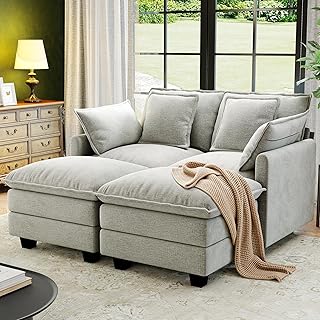 58" Cloud Couch Loveseat, Deep Seat Modular Sectional Sofa with 4 Removable Washable Pillows and 2 Ottoman for Living Room, Bedroom, Apartment, Light Grey