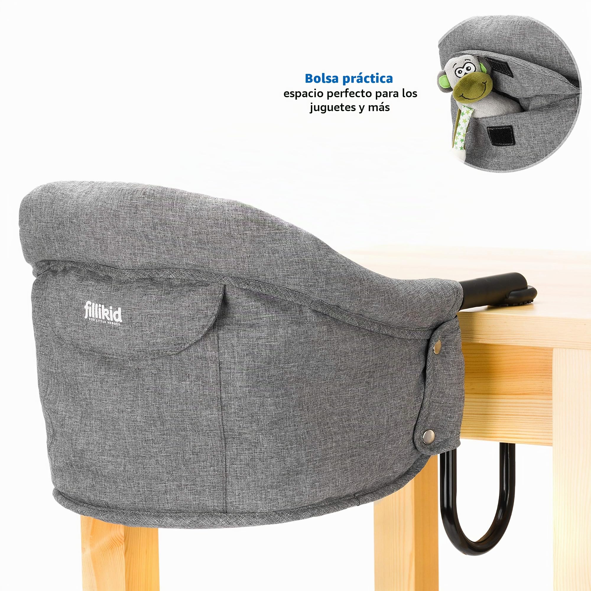 Fillikid Trona Portatil Bebe Plegable, Silla Ajustable a la Mesa con Enganches Antideslizantes, Asiento de Mesa hasta 15 kg, Bolsa de Transporte - Gris