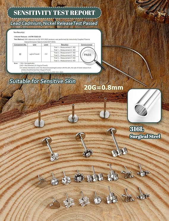 JeweBella 20G 18G 16G Helix Piercing Sieraden Threadless Neus Stud Chirurgisch Staal Push in Platte Terug Oorbellen Lip Labret Neus Studs Lip Labret Conch Medusa Tragus Piercing Sieraden Zilver Goud