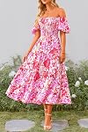 PRETTYGARDEN Women's Casual Summer Midi Dress Puffy Short Sleeve Square Neck Smocked Tiered Ruffle Dresses