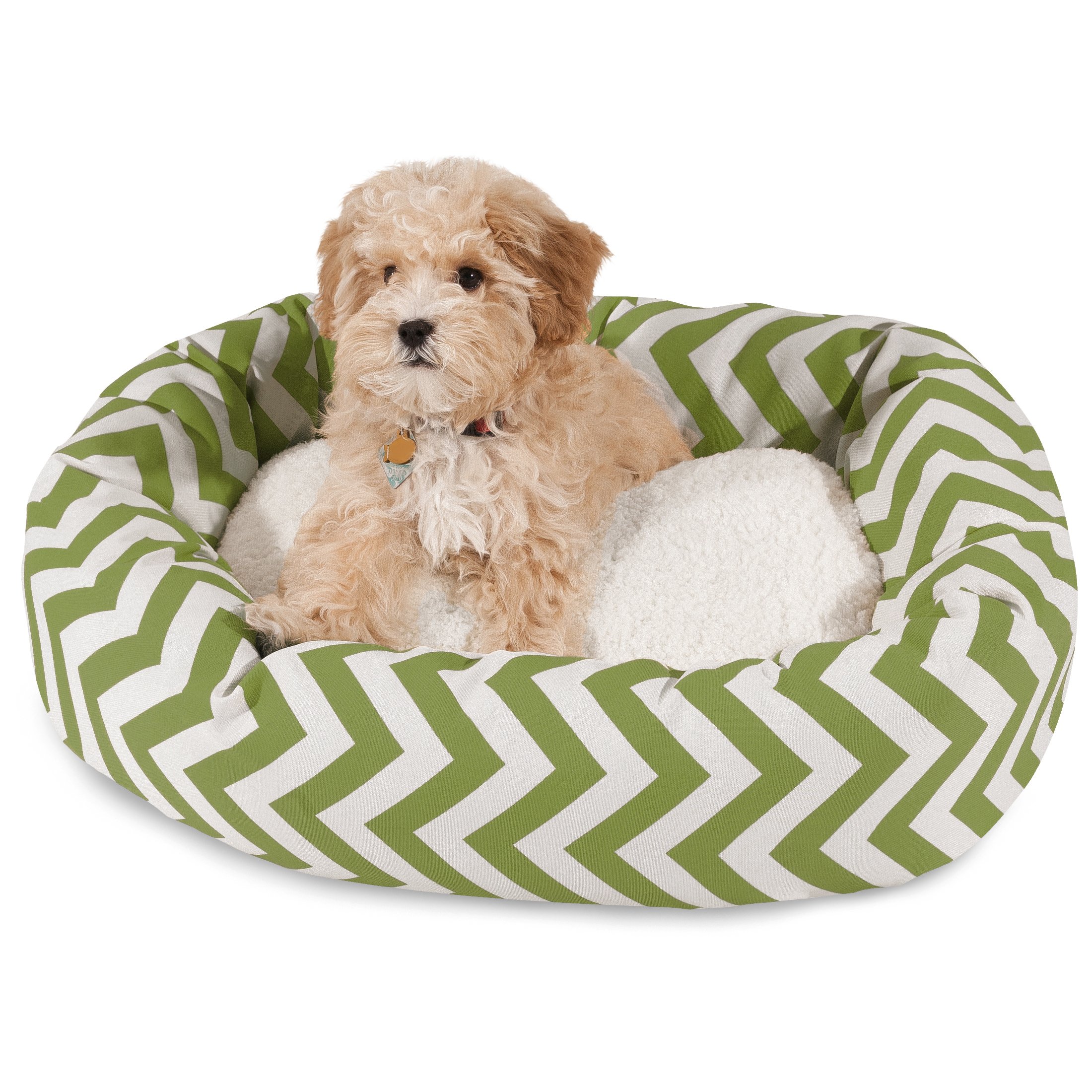 Majestic Pet 24 Inch Chevron Sherpa Calming Dog Bed Washable – Cozy Soft Round Dog Bed with Spine for Head Support - Fluffy Donut Dog Bed 24x19x7 (inch) – Round Pet Bed Small - SAGE