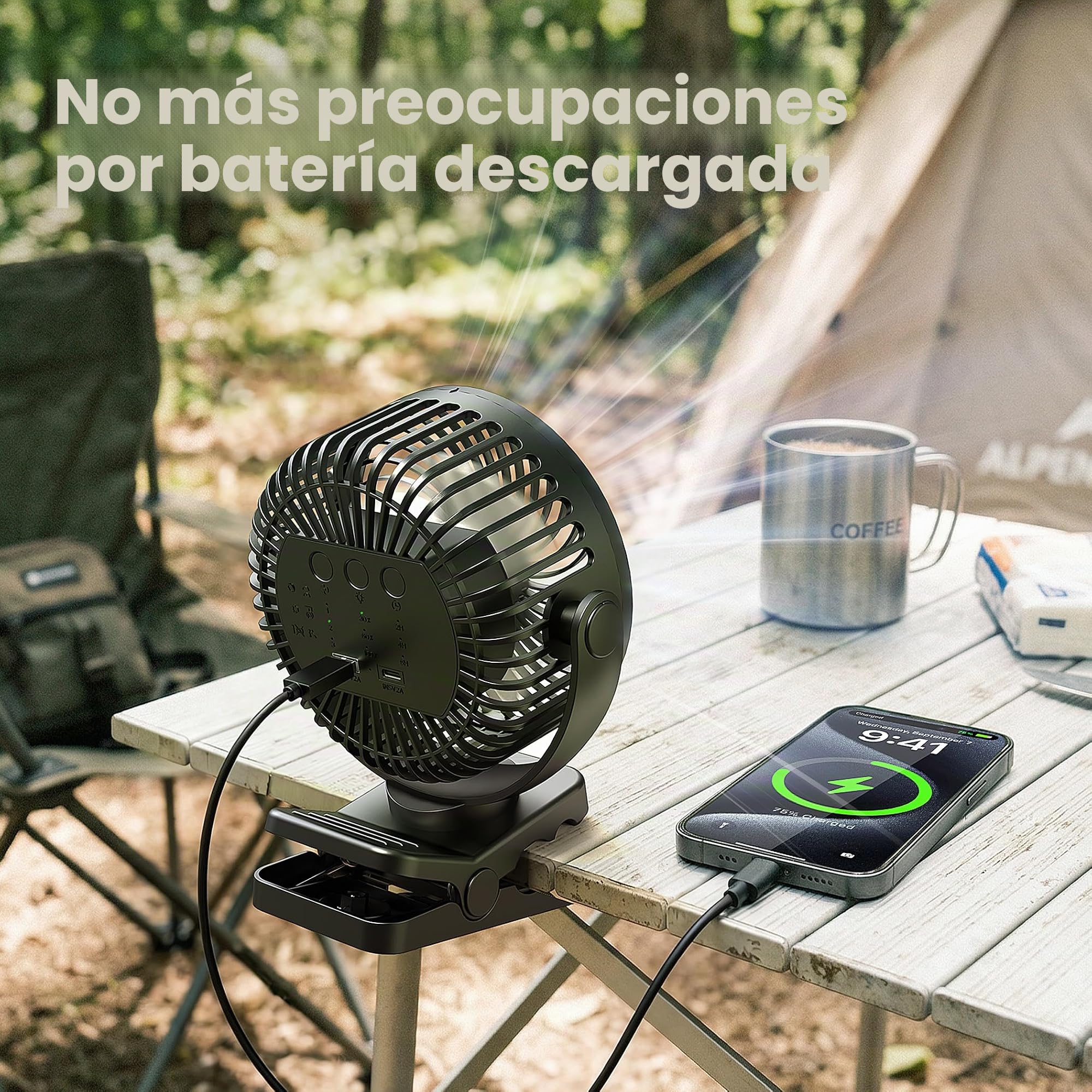 EasyAcc Portable Clip Fan with Magnetic Base & LED Light, 13000mAh Rechargeable Camping Fan, 360° Rotating Tent & Desk Fan, 3 Speeds, Timer, USB Type-C