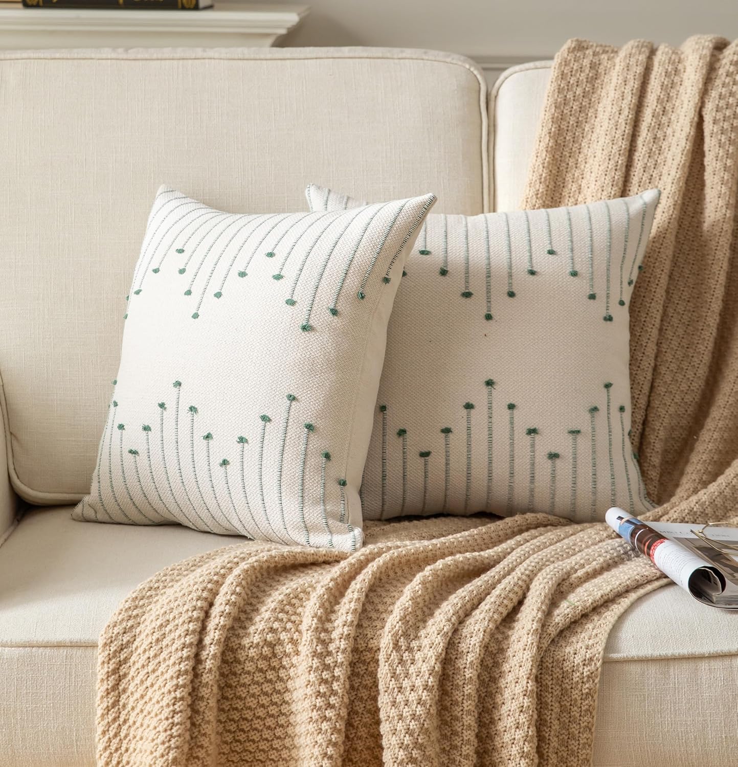 Caflife Boho Throw Pillow Covers 24x24 Set of 2 Decorative Pillows for Bed, Neutral Pillow Covers Beige with Green Line Throw Pillows for Modern Farmhouse Couch Sofa Living Room Outdoor