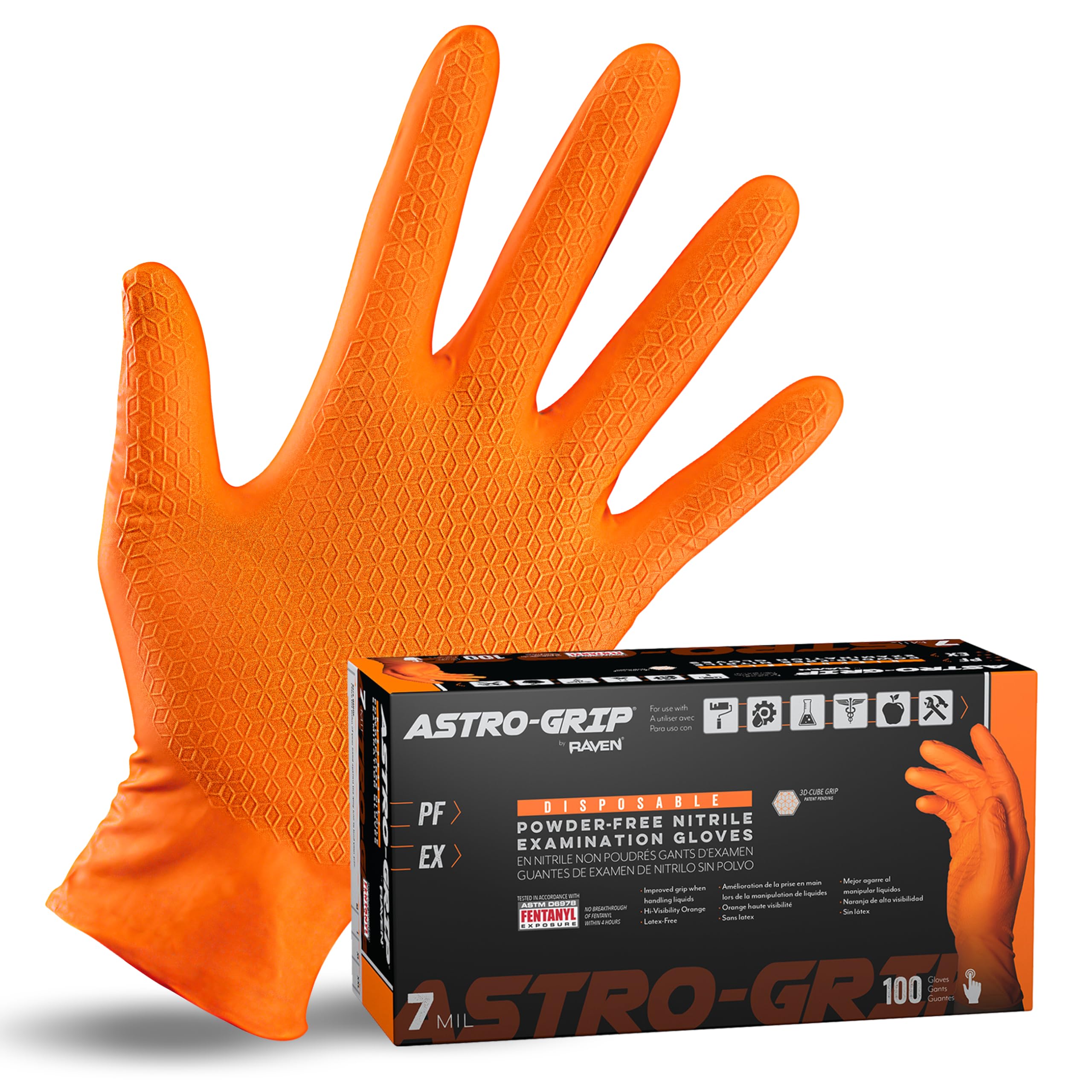 Astro-Grip Powder-Free Exam Grade Nitrile Disposable Gloves. Size X-Large, Orange, 7 mil Thickness. Chemical and Puncture Resistant. Single-Use. Pack of 100. (66474)