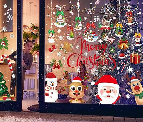 Miniatura 6 de Funnlot - Calcomanías de Navidad grandes para ventana, diseño de copos de nieve de Navidad de doble cara, calcomanías para ventana de vidrio,