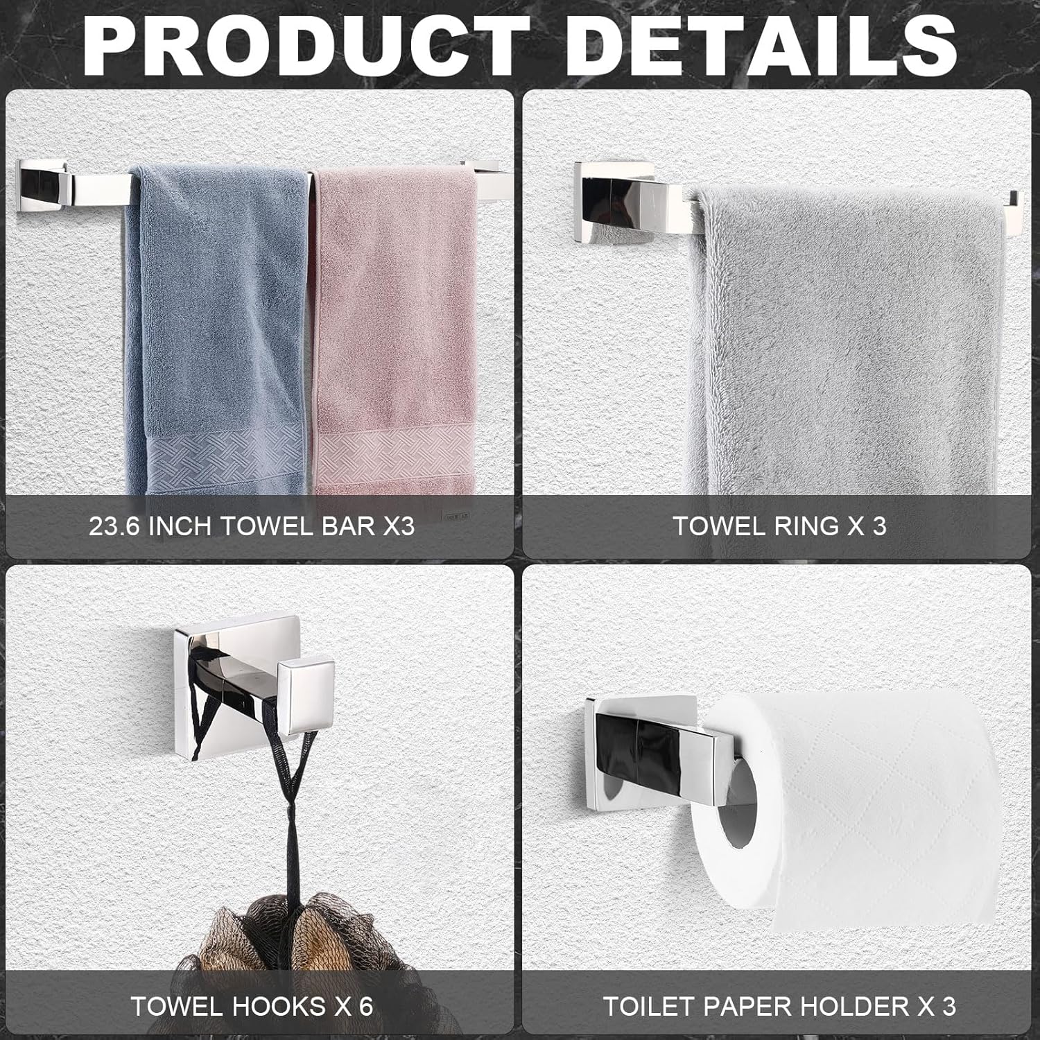 15 Pieces Bathroom Hardware Accessories Set, 23.6 Inch Stainless Steel Bath Towel Bar Set, Bathroom Hardware Set, Towel Racks for Bathroom Wall Mounted (Silver)