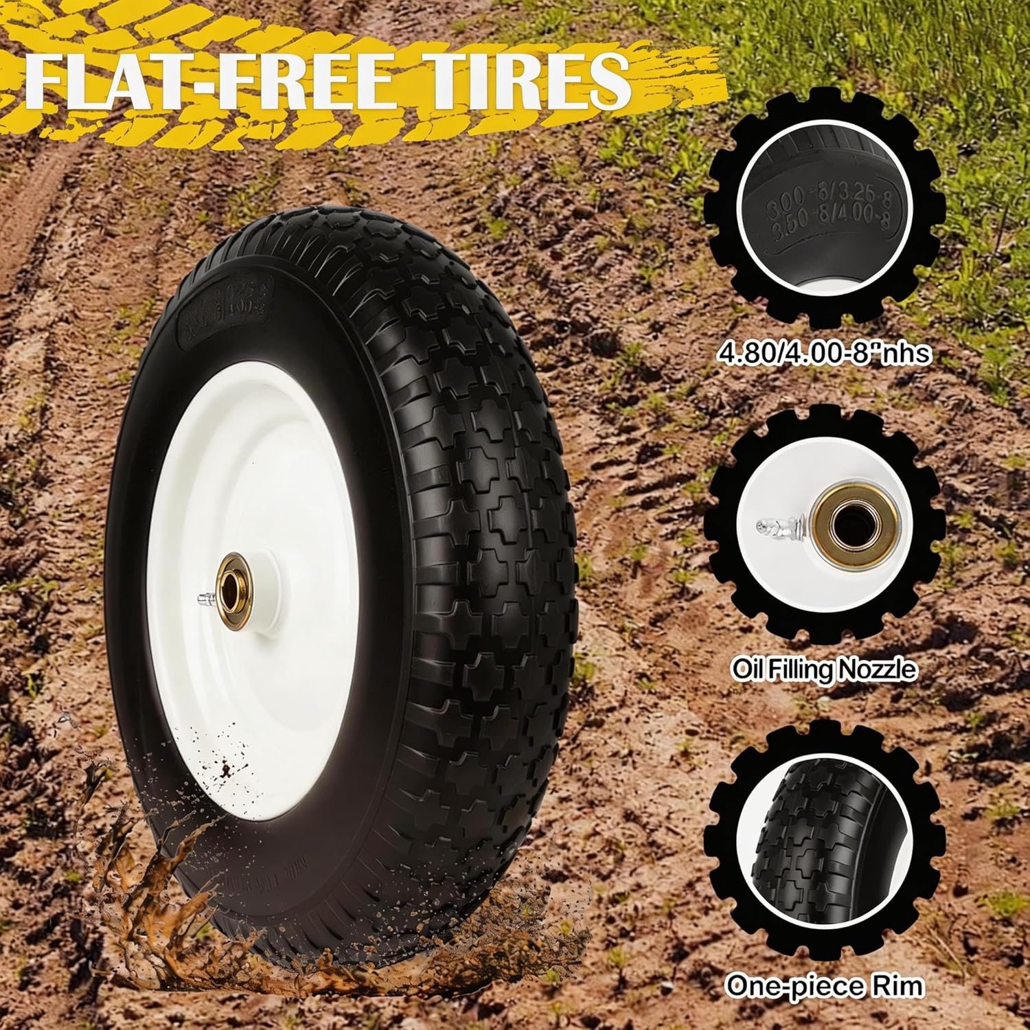 14.5" Wheelbarrow Tire Flat-Free, 3.50-8 Solid Tire 300LB Capacity Each, with 5/8" & 3/4" Bearings, 3"-4''-6''-7" Adjustable Hub, Tire and Wheel Replacement for Dolly, Hand Truck, Garden Cart, 2 Pack