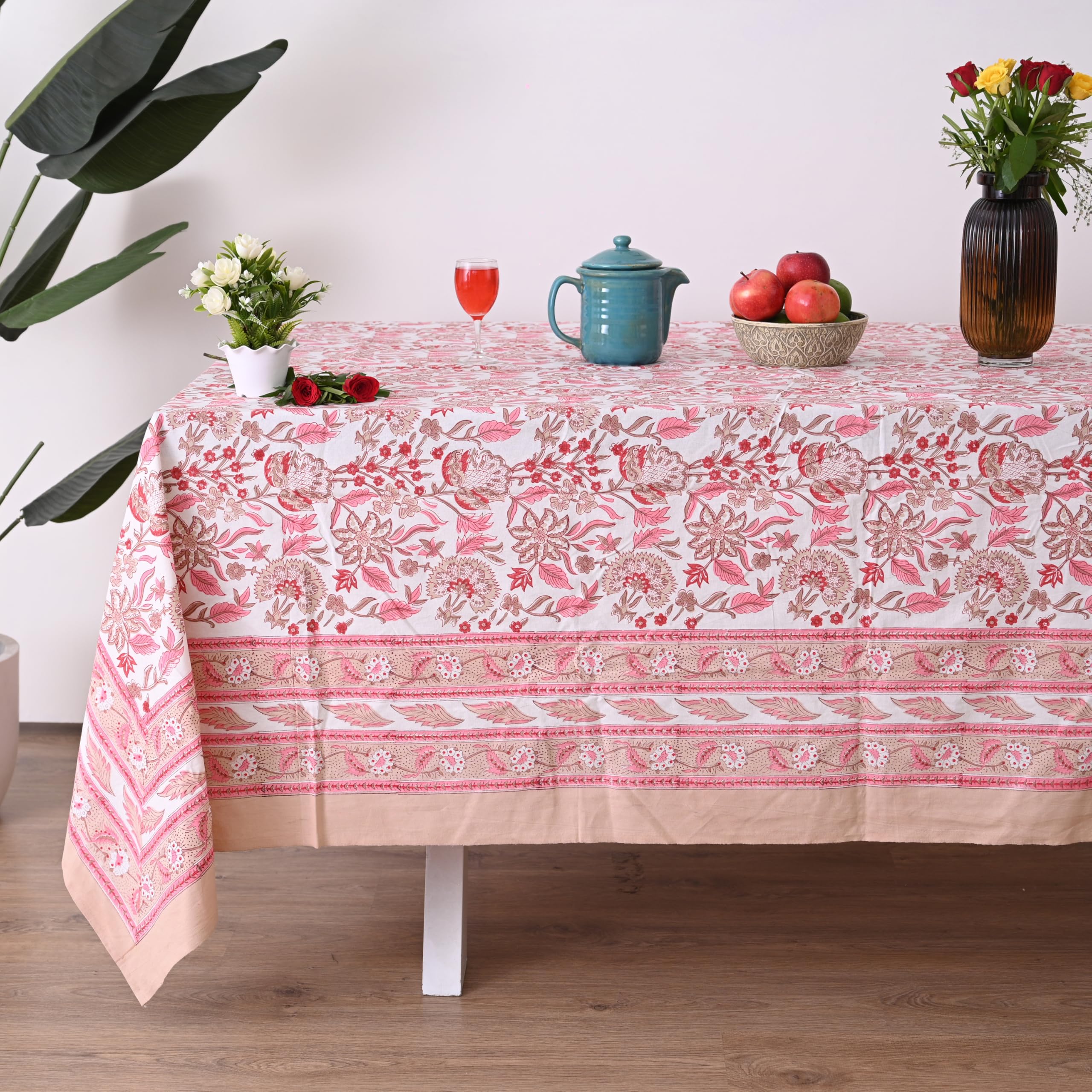 UrbanWeavers Hand Block Printed Tablecloth, Colorful Floral Print, Indian Artisan Handmade Art, Dining Room, Kitchen, Outdoor Décor, (Pink Meadow Bloom, 16 Seater 72 x 190 Inches Rectangle)
