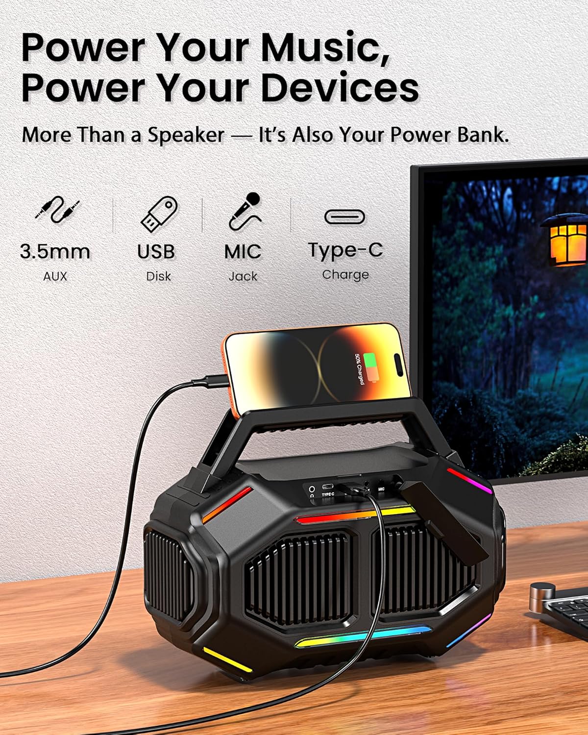 Bluetooth 6.0 Speakers Outdoor, 80W(Peak) Loud Speaker with Bass, 30H Playtime, IPX6 Waterproof, RGB Lights, BassUp 2.0, TWS, Portable Large Jobsite Speakers for Party, Garage - Image 7