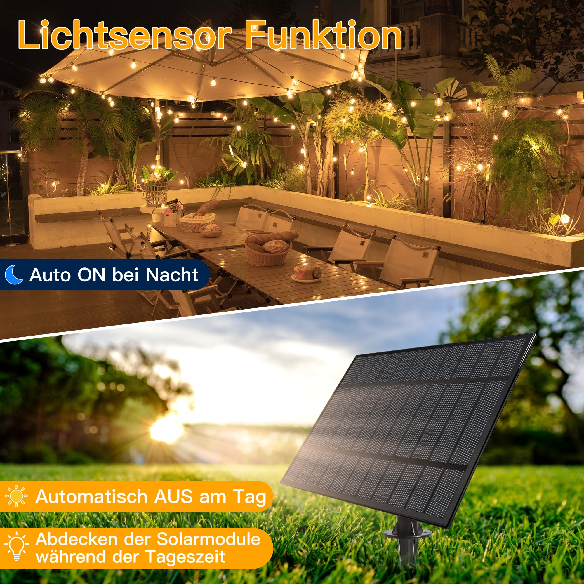 Ollny Cadena de luces solares para exteriores de 30 m con 50 + 2 bombillas LED, iluminación solar G40 para exteriores con mando a distancia, 3 modos de iluminación, función de temporizador, IP65