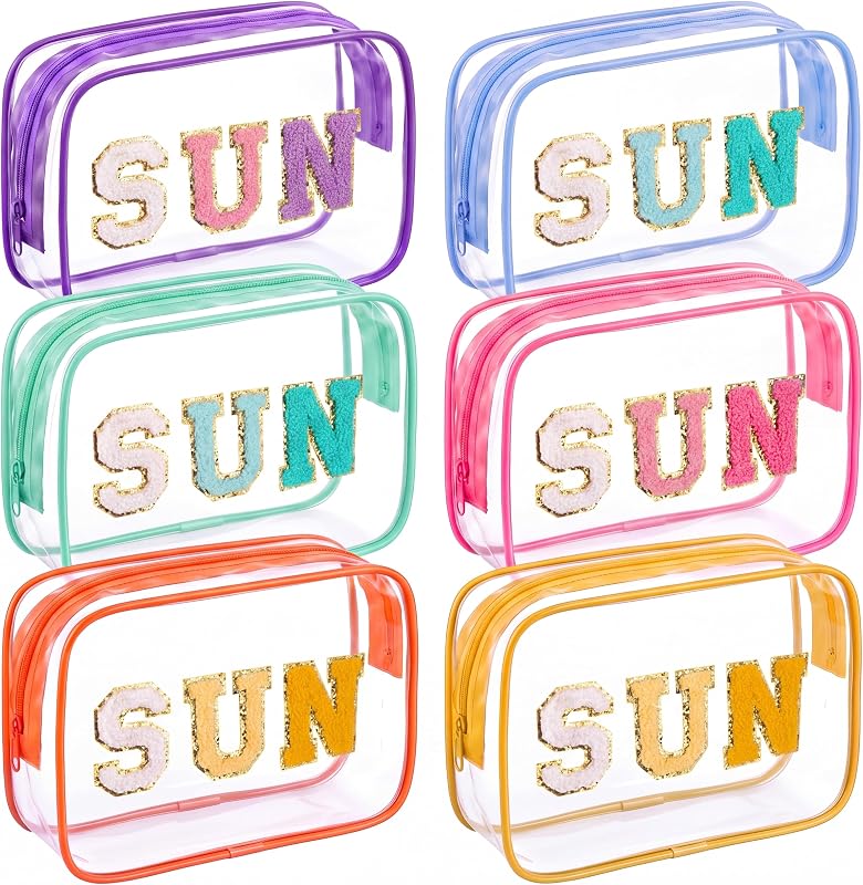 Kacctyen 6 Necessaires transparentes de PVC com zíper e patch chenille SUN, 18 x 14 x 4 cm, 6 cores