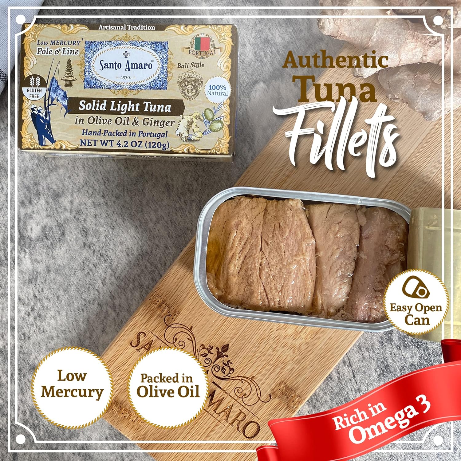 Santo Amaro - Artisanal Wild Tuna Fillets in Olive Oil & Ginger, Pole & Line Wild Caught Tuna from Portugal, Hand-Packed Bali-Style Canned Tuna Fish, 22g Protein, Paleo, Keto, Low Mercury, Pack of 6
