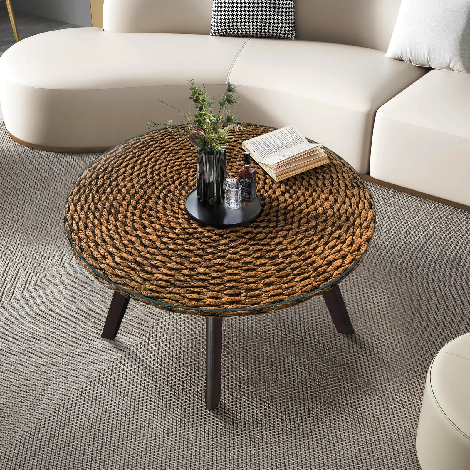 Rattan Round Coffee Table, Glass Top Coffee Table,Solid Wood Legs,Accent Tea Center Table for Living Room, Bedroom,Easy Assembly, ?31.5''x''17.52H (Golden)