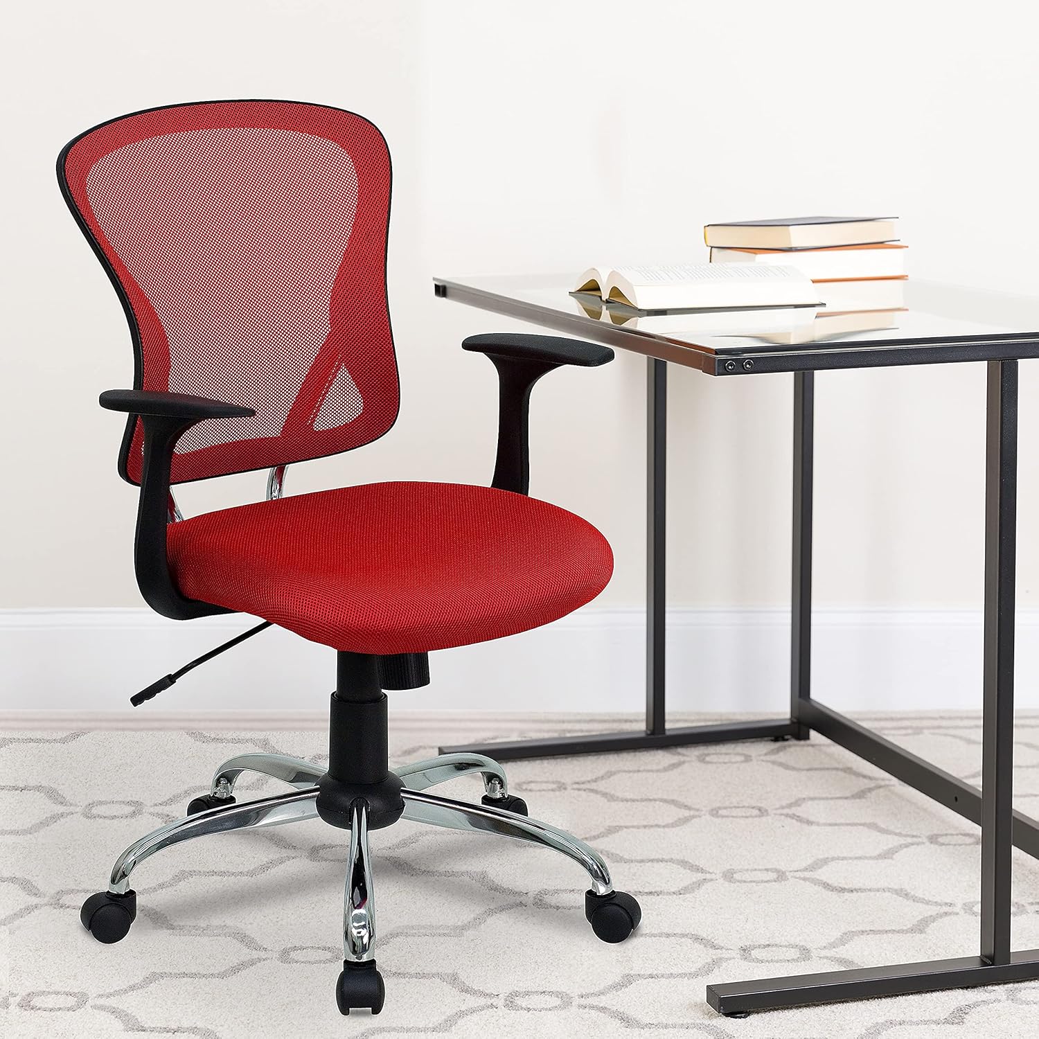 Flash Furniture Alfred Mid-Back Red Mesh Swivel Task Office Chair with Chrome Base and Arms
