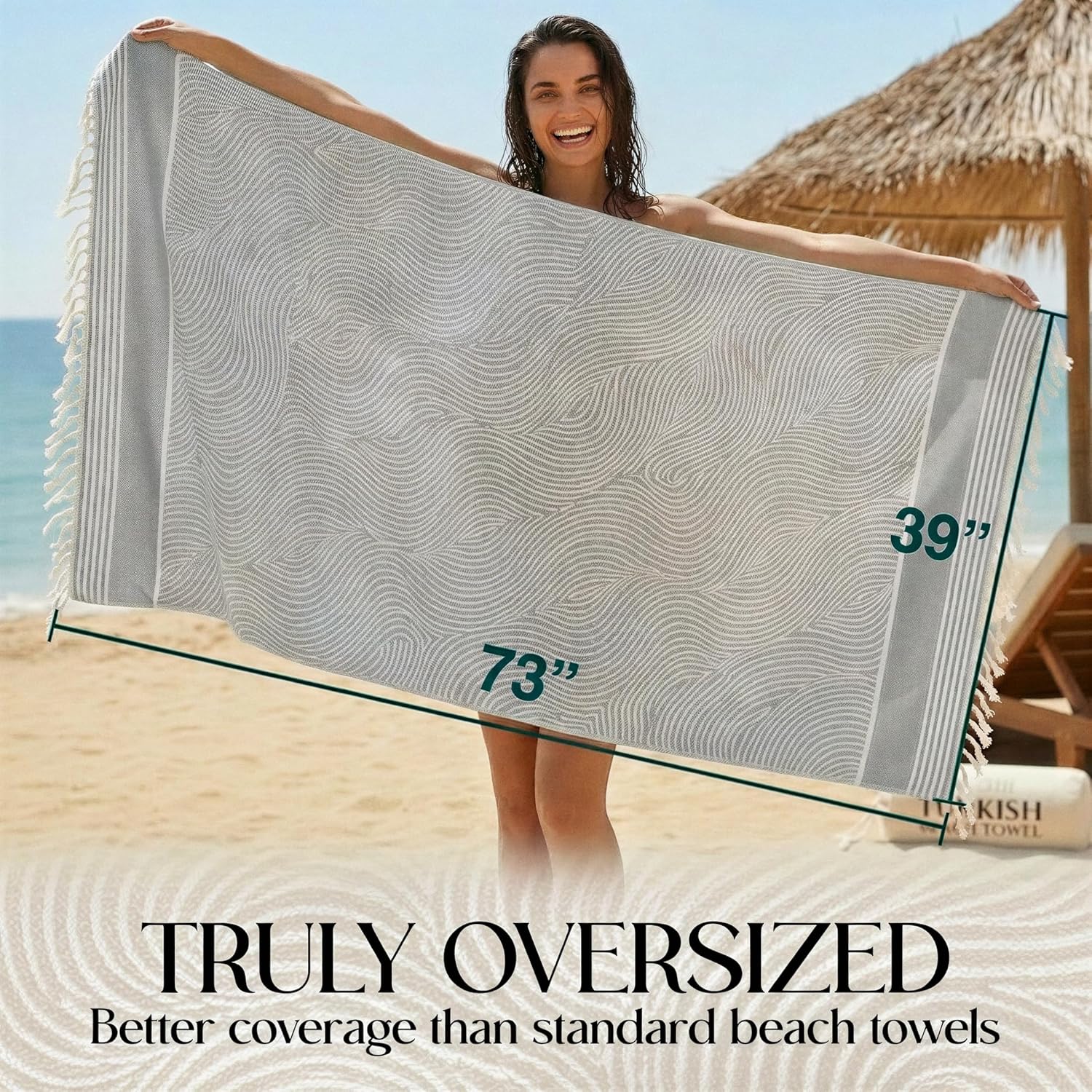 DECOLURE Turkish Beach Towel Oversized 39x73 Inch - 100% Turkish Cotton, Quick Dry and Sand Free Beach Towels for Travel - Lightweight, Absorbent & Soft Peshtemal Towel - (Gray Wave)