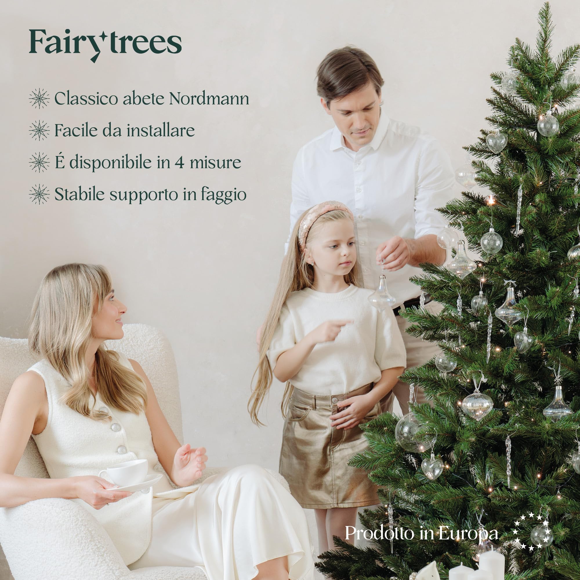FairyTrees albero di Natale artificiale 220cm Abete Nordmann con supporto in legno | Albero di Natale artificiale con tronco verde | Facile da Montare | Prodotto in EU