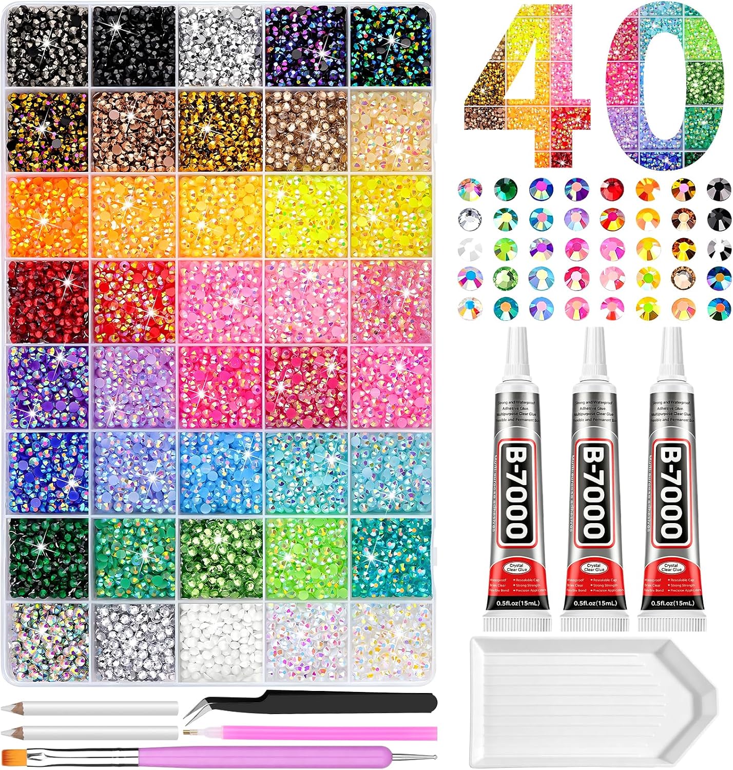 40000PCS Rhinestones for Bedazzling, 40 Colors Gems Kit with Glue