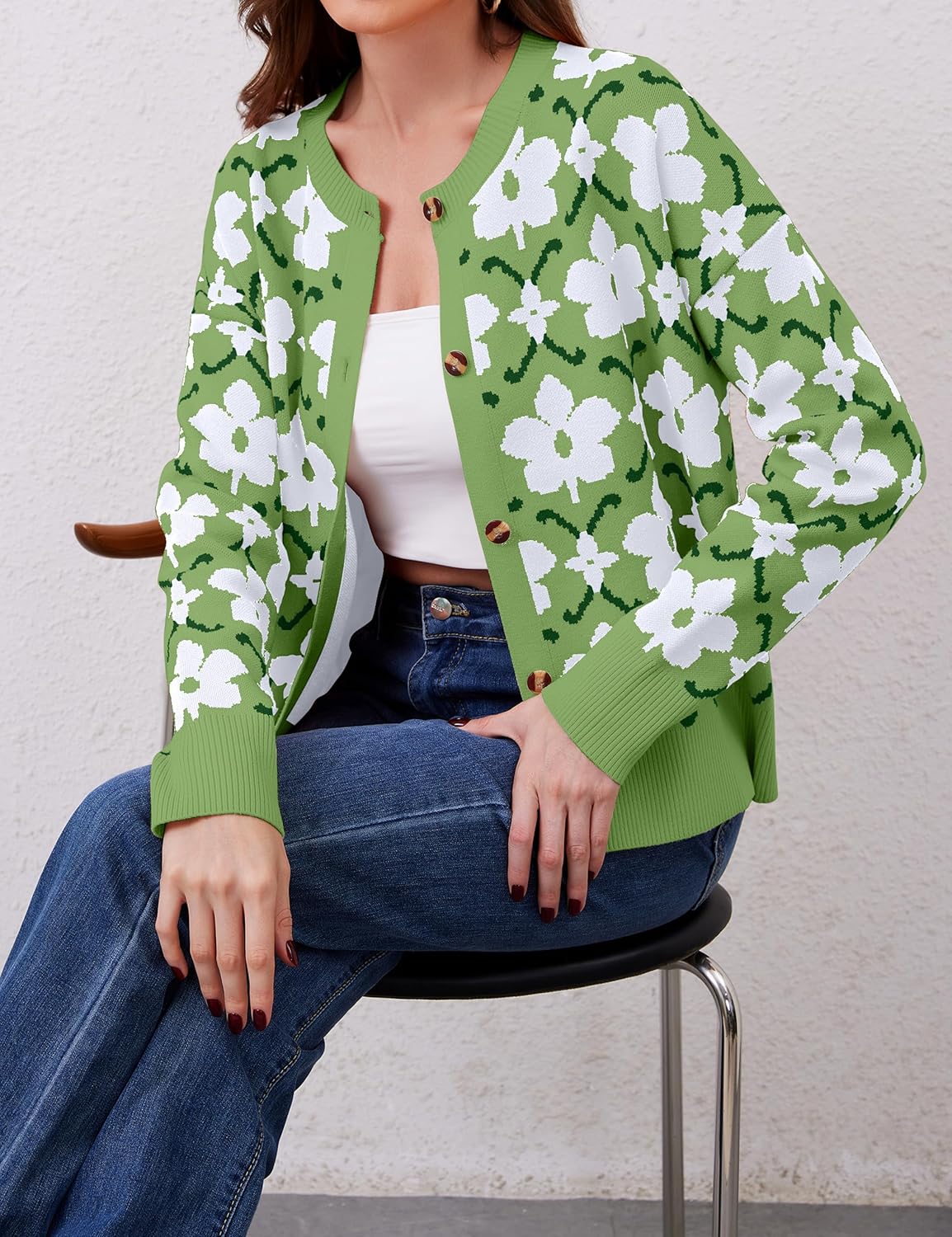 Floral Cardigan Sweaters for Women Lightweight Button Up Flower Printed Pattern Cardigans Fall Knit Sweater Tops - Image 2