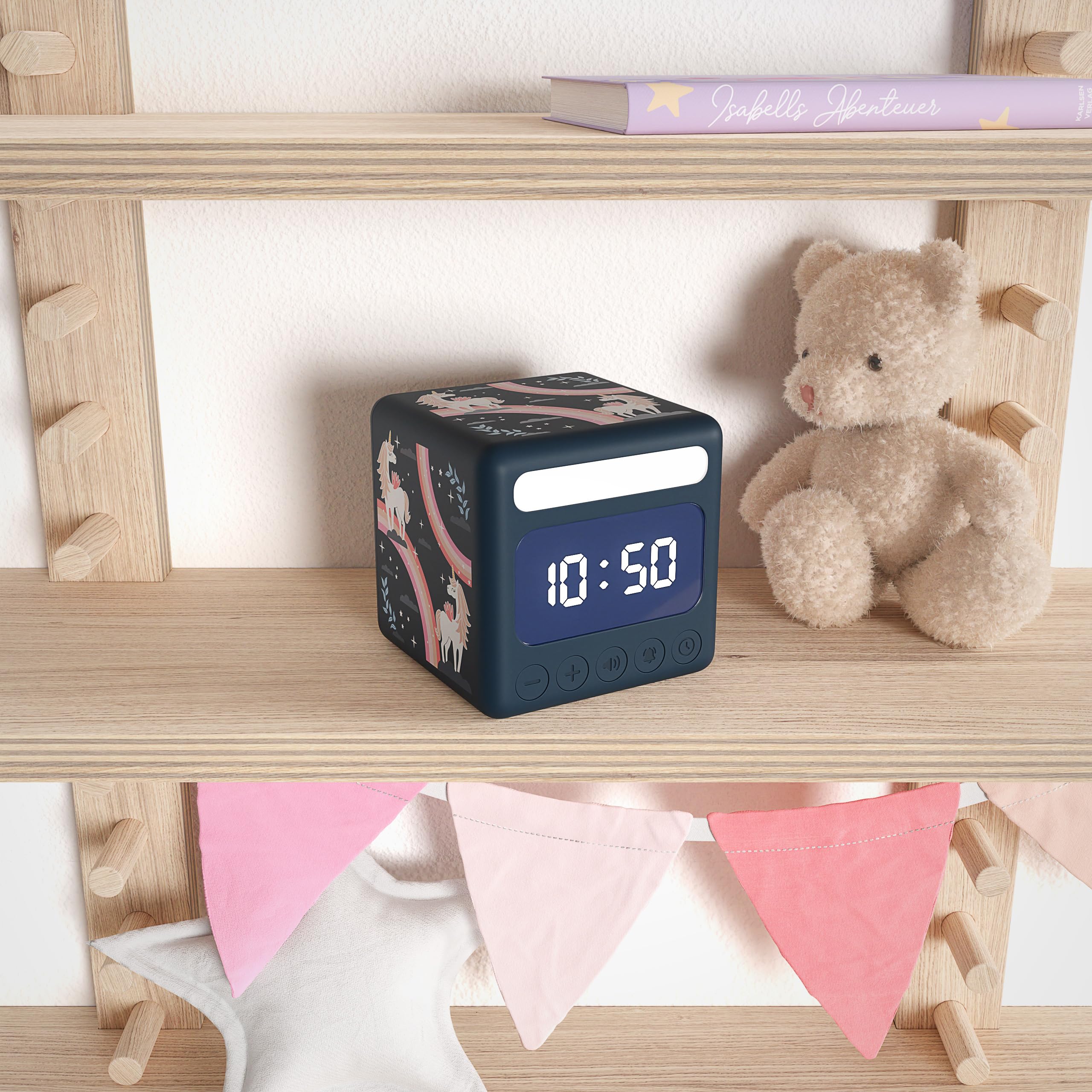 Cander Berlin MND 4010 M Réveil silencieux pour enfant avec lumière licorne snooze éclairage sans tic-tac Écran LCD pour chambre d'enfant fille